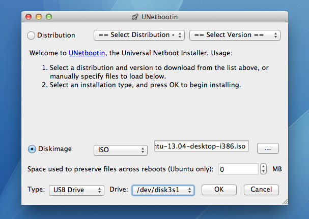 Создание загрузочной флешки с помощью UNetbootin в Max OS X